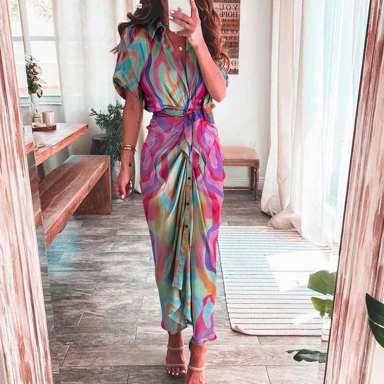 Sexy Irregular Long Dress For Women Fashion V-neck Lace-up Wrinkled Buttoned Dress Elegant Short Sleeves Clothing Ropa De Mujer