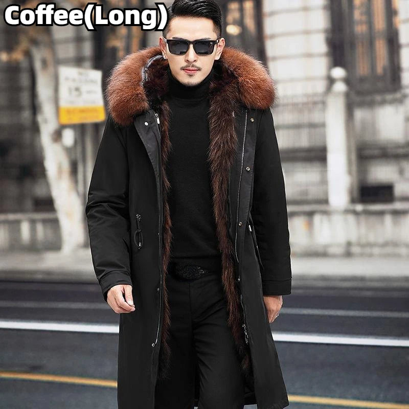 Faux Fur Coat Loose OverCoat Thick Warm Men Plush Coats Fox Hair Inner Liner Detachable Collar Long Fur Parkas Fur Jacket