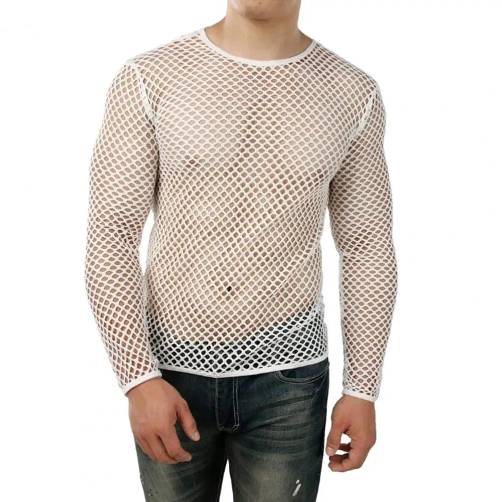 Men Club Top See-through Hollow Out Fishnet O Neck Short Sleeve Loose Thin Pullover Hip Hop Streetwear Men T-shirt