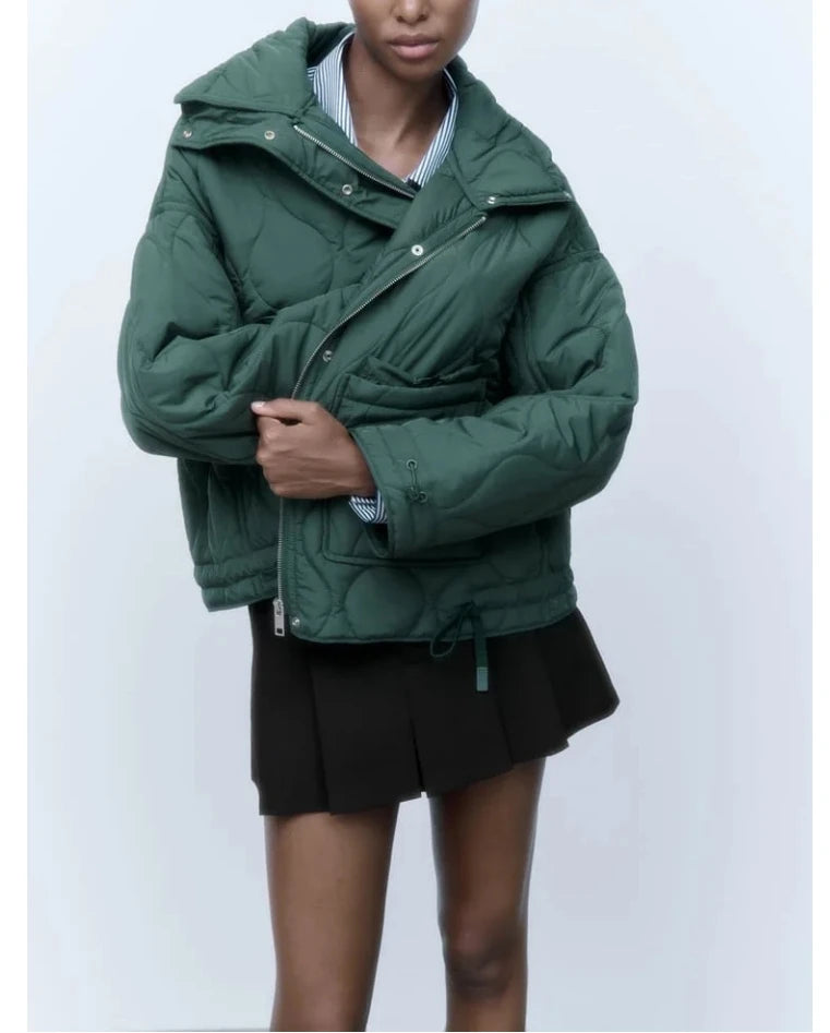 Quilted coat for women ETJ 2025 QUILTED JACKET WITH TIES new beige drawstring high neck pocket clip cotton jacket for women