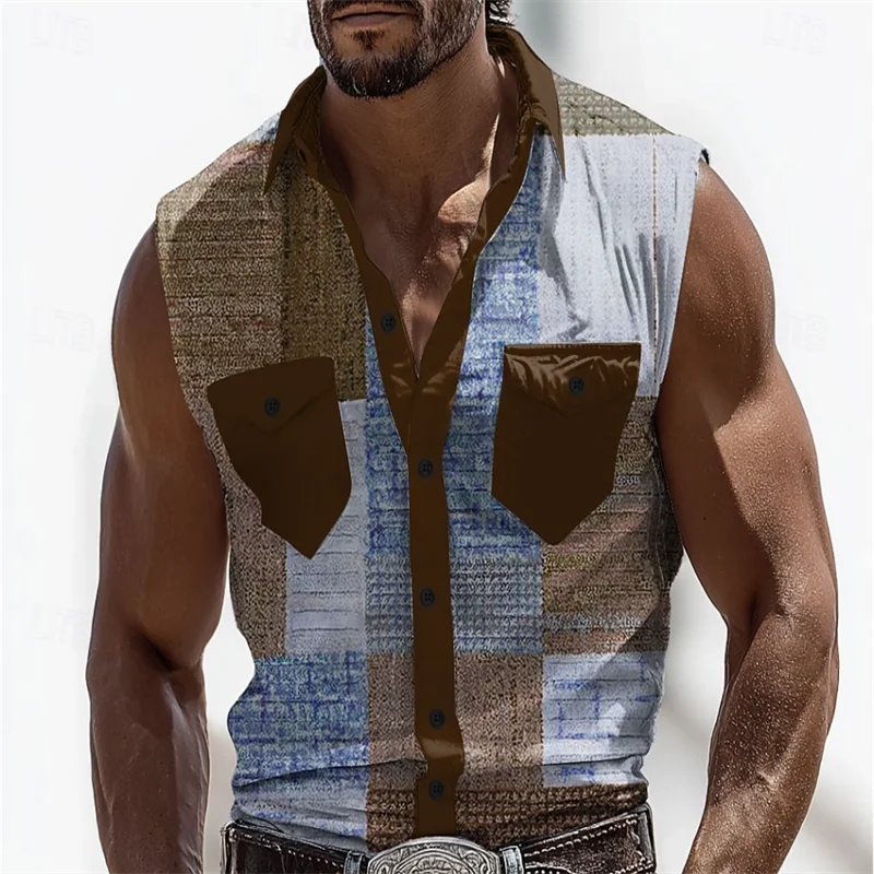 New Hawaiian Men's Sleeveless Shirt Coconut Print Simple Fashion Breathable Shirt Flap Collar Shirt