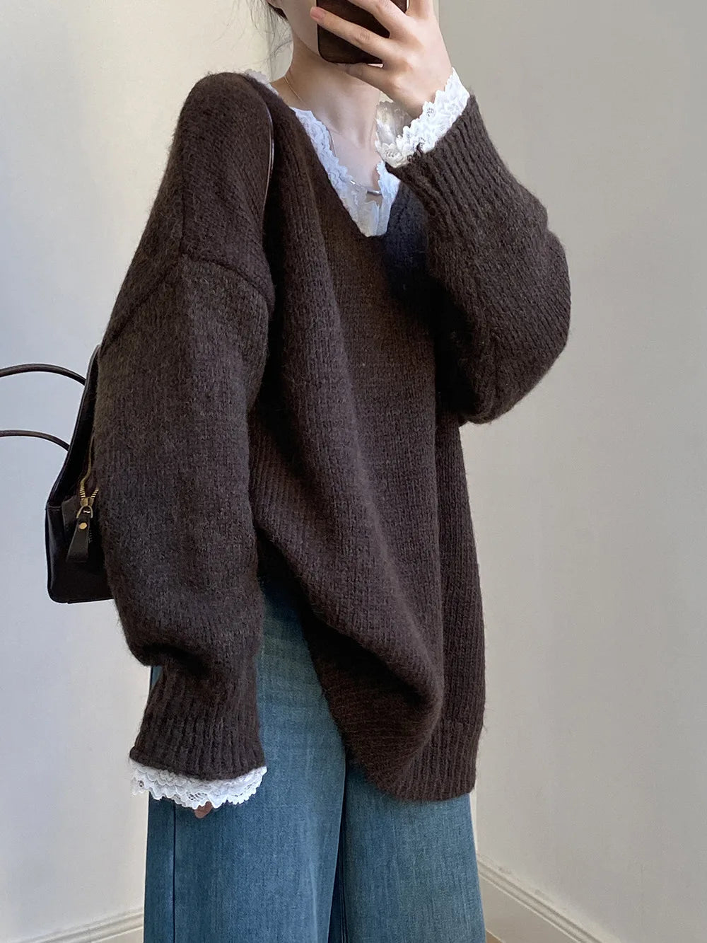 Aoaiiys Sweaters Women V Neck Lace Spliced Pullovers Vintage Chic Knitted Jumpers Autumn Winter New Comfortable Loose Sweaters