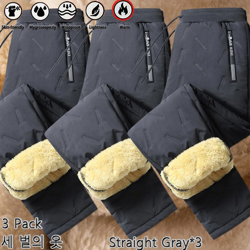 3 Pack Winter Men Plush Thick Fleece Waterproof Pants Windproof Casual Pants Warm Pants Lambswool Thermal Trousers Outerwear