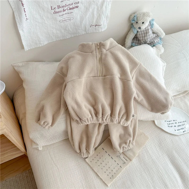 Kids Fleece Warm Set Winter Plus Velvet Outfits Long Sleeved Pullover Tops+Pants 2Pcs Autumn Children's Casual Clothing Suits