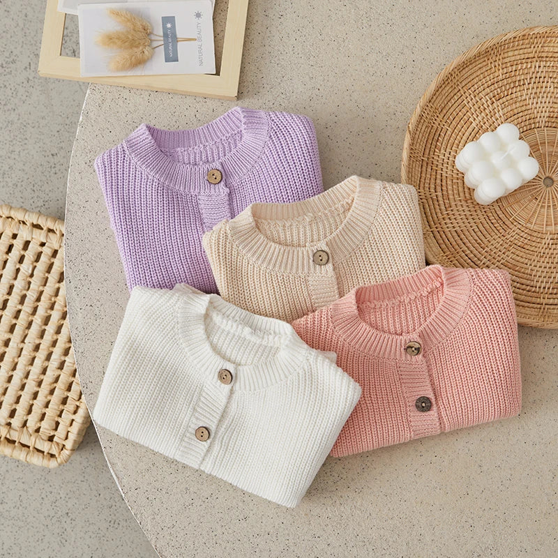 Suefunskry Baby Boys Girls Autumn Winter Knitted Sweater Long Sleeve Solid Color Single-breasted Knitwear Cardigan Jacket