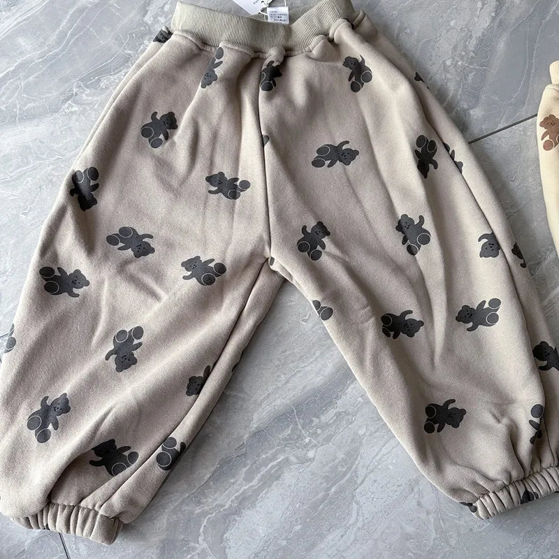 Winter Boys and girls cartoon bears inner fleece sweatpants Children thicken warm loose Trousers