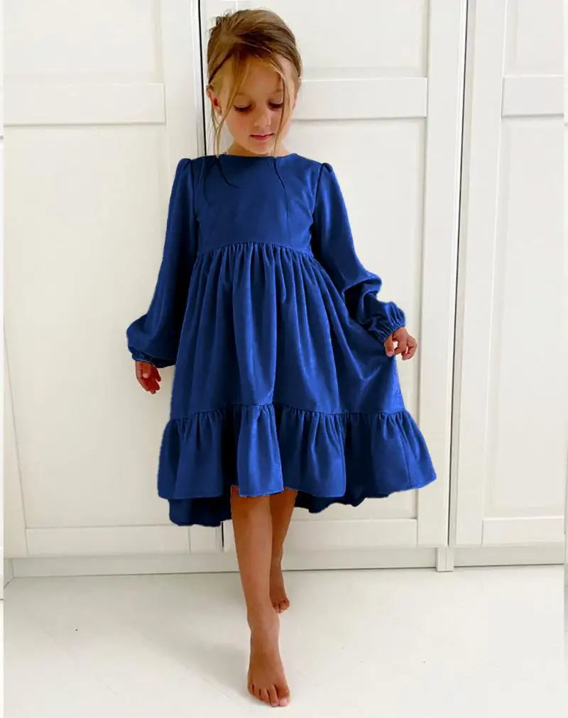 New 7-12 years Girls Spring Autumn Winter Velvet Long Sleeve Ruffle Hem Dress Princess Kids Party Dressess Children Clothing