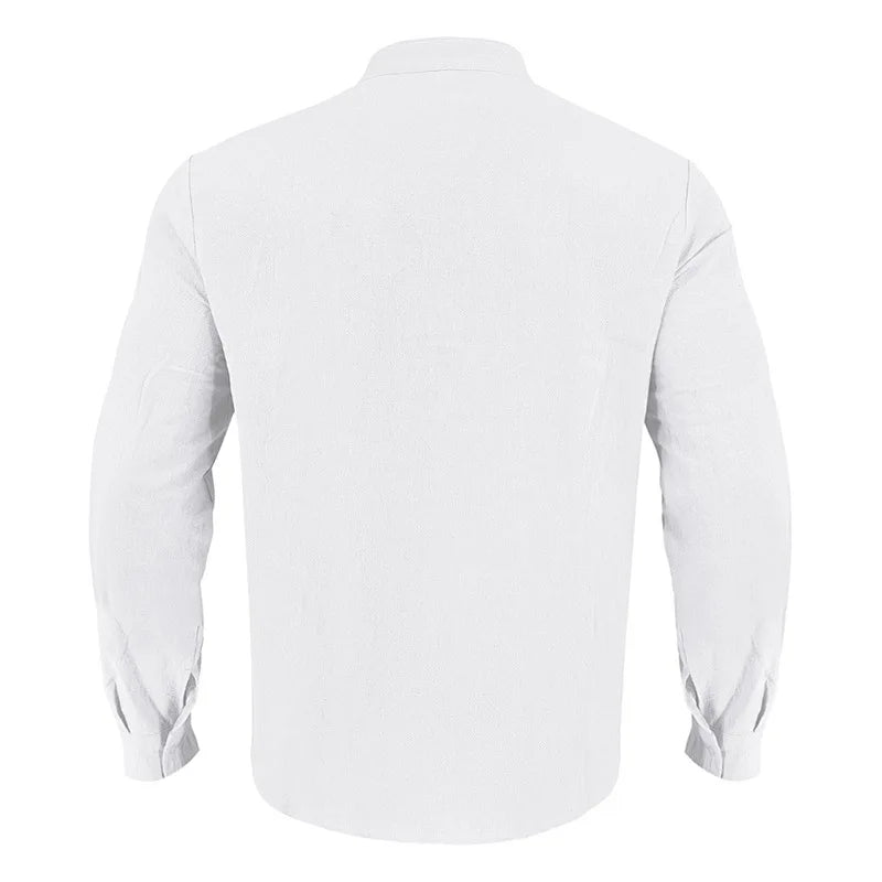 Summer Men's Linen Henry Long Sleeve T-Shirt  European and American Woven Solid Color Casual Polo Shirt