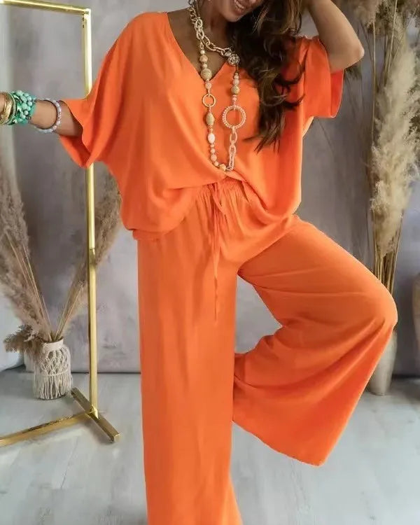 Loose Women Sets 2 pcs Sale V Neck Short Sleeve Blouse Shirts& High Waist Wide Leg Vacation Beachwear Pant Suits NMD-3032