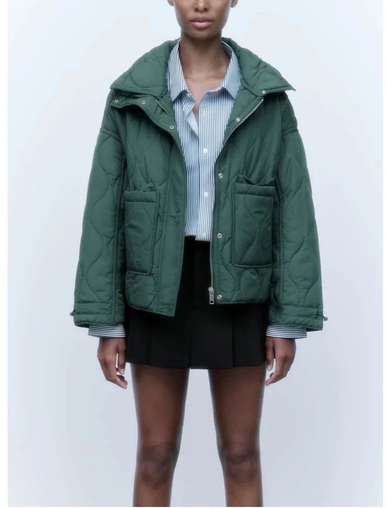 Quilted coat for women ETJ 2025 QUILTED JACKET WITH TIES new beige drawstring high neck pocket clip cotton jacket for women