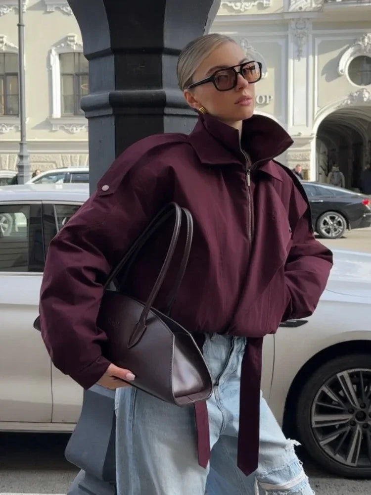 Fashion Wine Red Zipper Loose Overcoat Women Chic High Collar Long Sleeve Lace Up Elastic Waist Jacket Female Commute Daily Coat