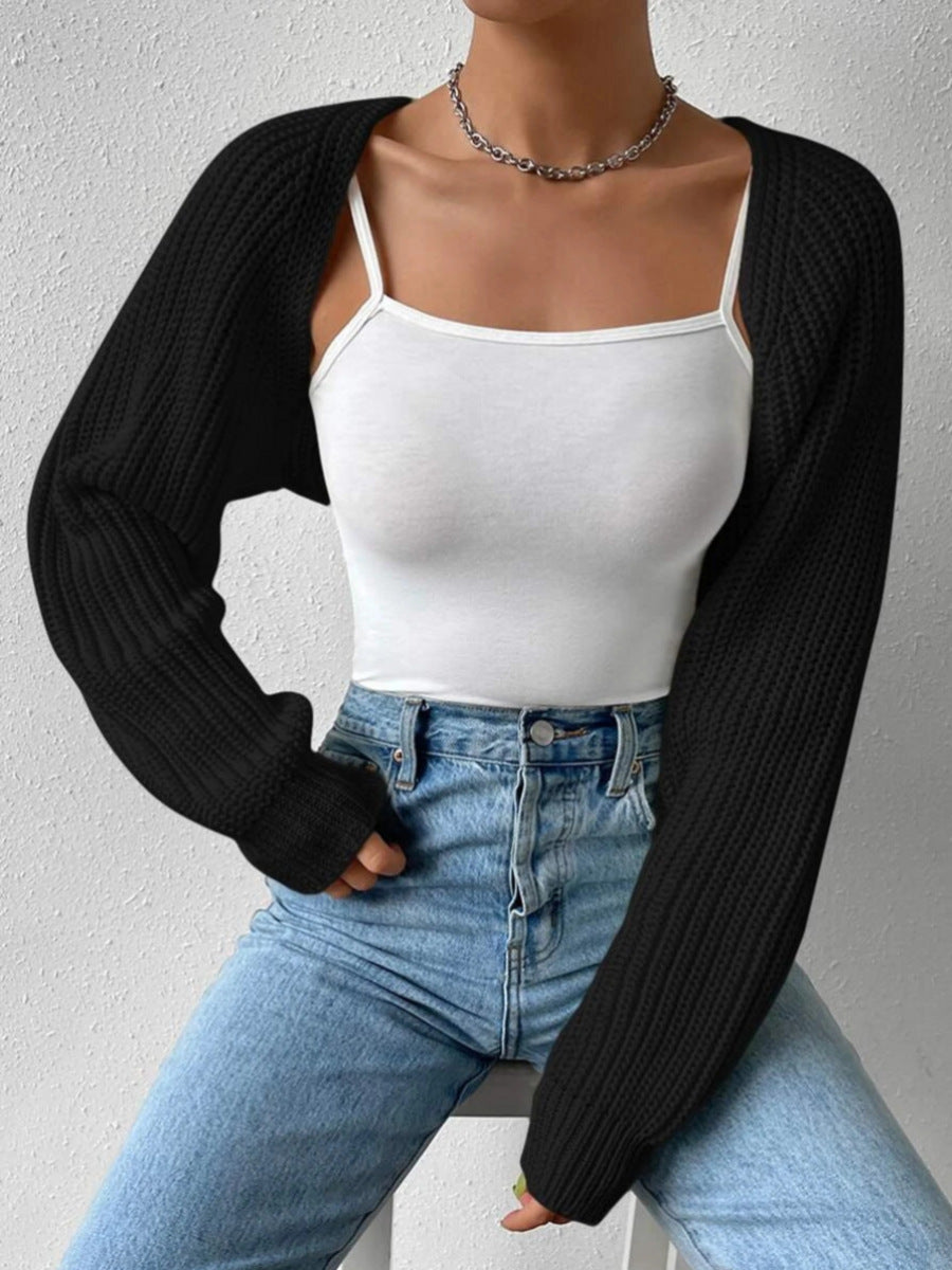 Women s Open Front Cropped Cardigan Long Sleeve Solid Color Ribbed Knit Shrug Sweater Bolero Tops