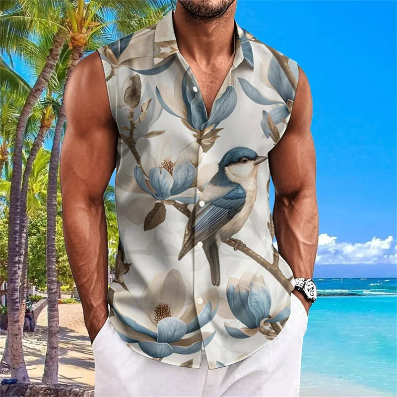 Hawaiian Men's Shirt Coconut Print Flap Collar Sleeveless Top Beach Holiday Style Shirt Fashion Men's Clothing