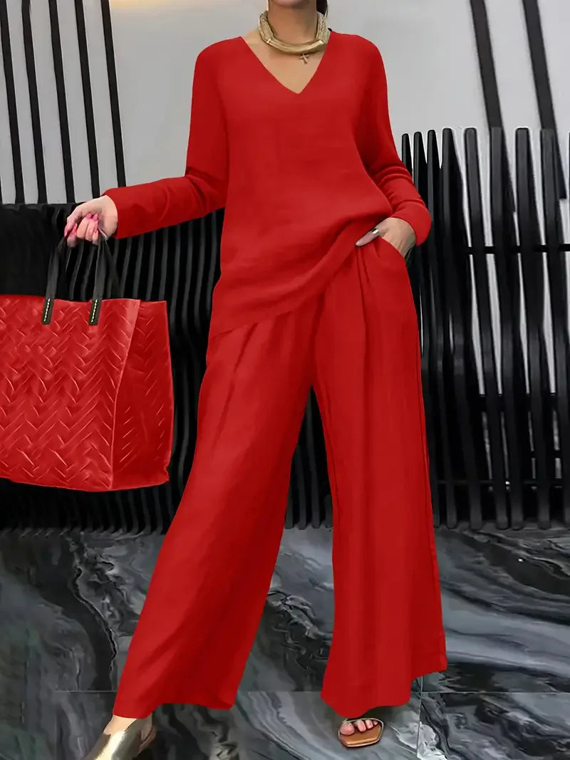 Solid Color Casual V-neck Trousers Women's 2piece Set Spring Autumn New Fashion Pocket Straight Trousers Female Office Suit 2025