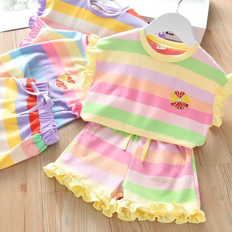Children's Clothing Sets Floral Embroidery Short Sleeve Lace Top + Striped Printed Shorts 2pcs Sets Kids Clothes for Girls