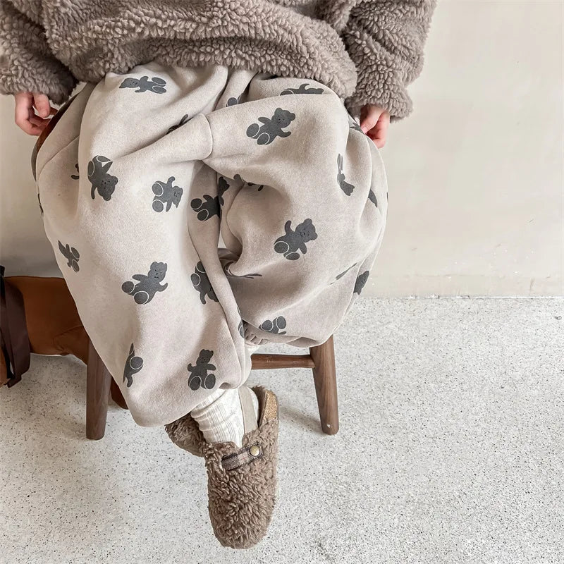 Winter Boys and girls cartoon bears inner fleece sweatpants Children thicken warm loose Trousers
