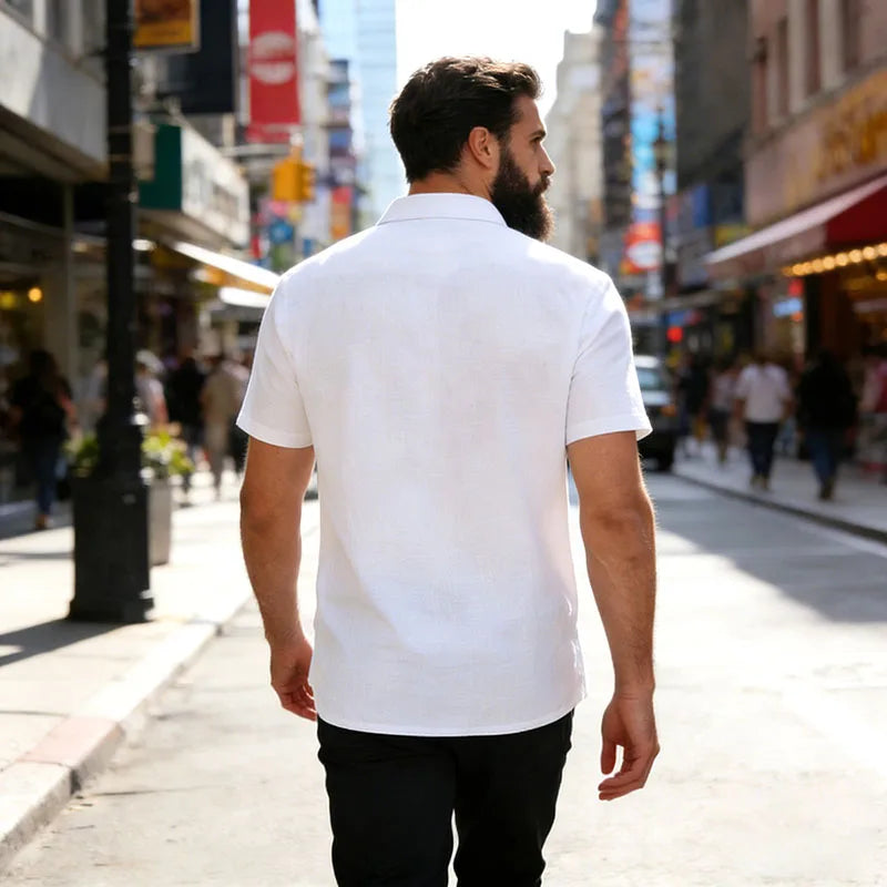 Men's Casual Linen Blend Shirt Short Sleeve Turn Down Collar Button Up Lightweight Breathable Beach Tunic Tops