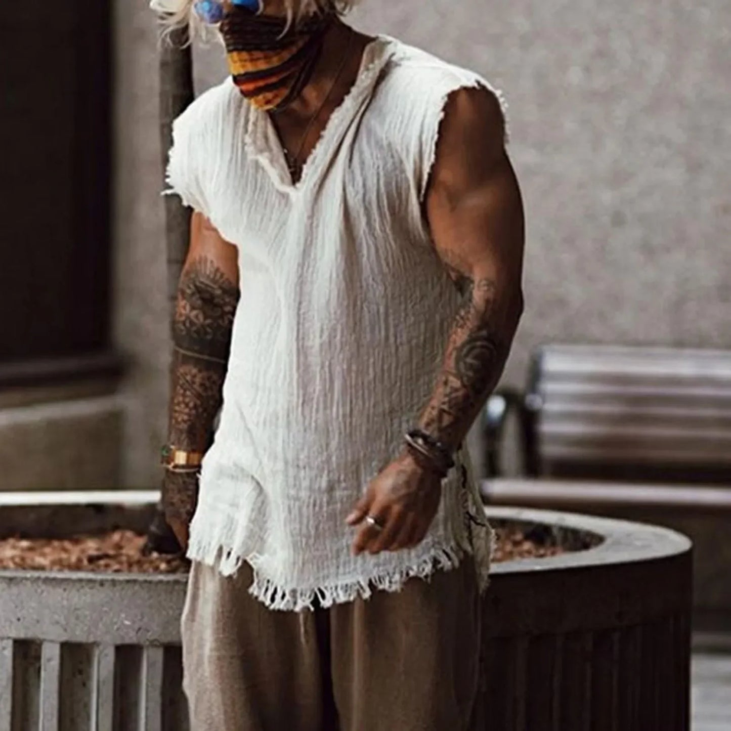 New Men's Shirts Vest Summer Cotton Linen Tops Solid Color Cardigan Sleeveless Loose Lapel Handsome Men's Shirts Casual Blouse