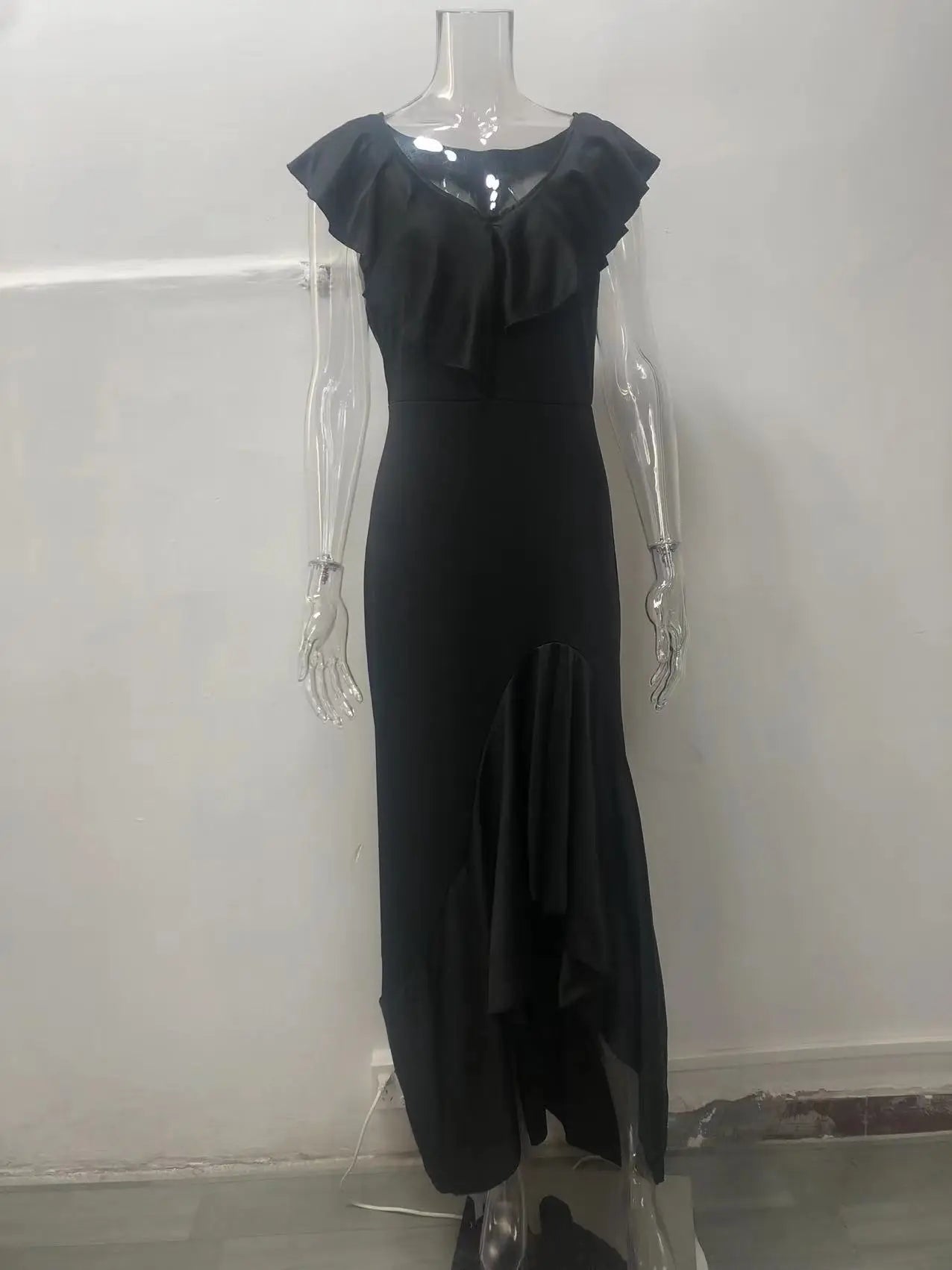 Fashion Evening Dresses Sexy V-Neck Elegant Party Irregular Solid Color Hem Ruffle Women Maxi Dress Short Sleeve Floor Length