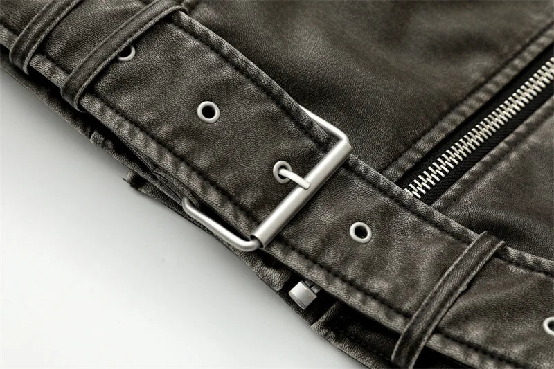 2025New Coal graysty le Women's washed leather jacket with belt, short coat with downgraded zipper and vintage lapel jacket
