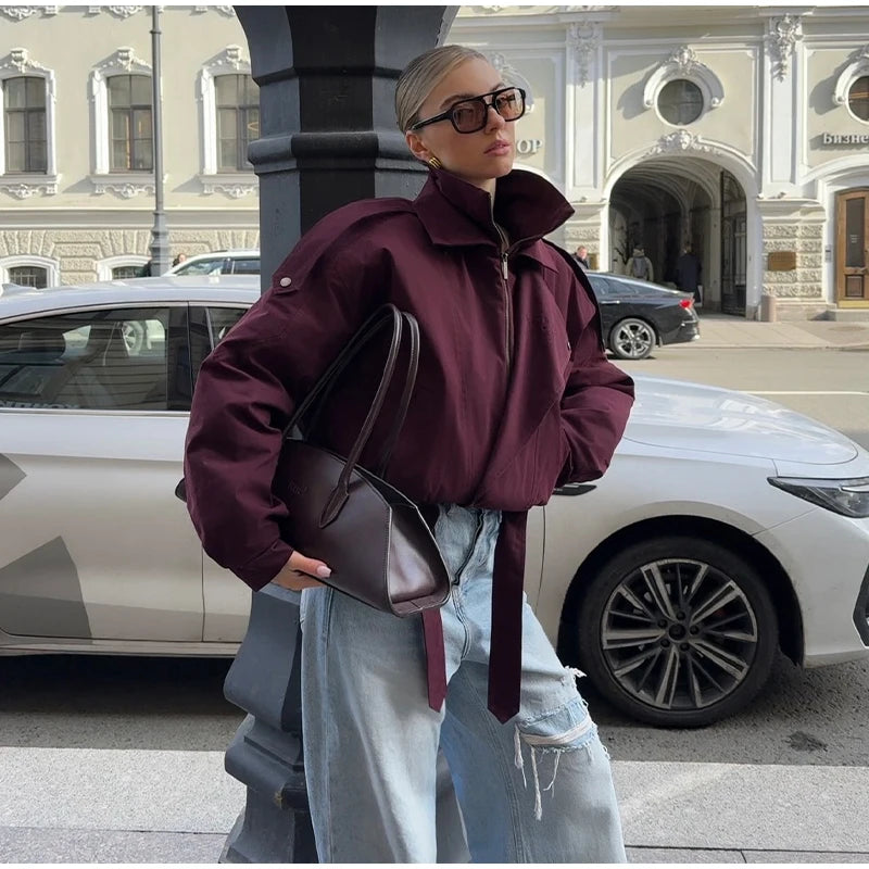 Fashion Wine Red Zipper Loose Overcoat Women Chic High Collar Long Sleeve Lace Up Elastic Waist Jacket Female Commute Daily Coat