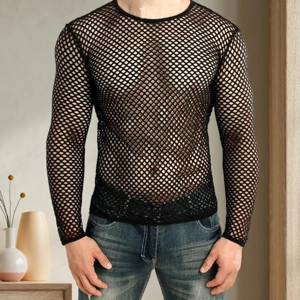 Men Club Top See-through Hollow Out Fishnet O Neck Short Sleeve Loose Thin Pullover Hip Hop Streetwear Men T-shirt