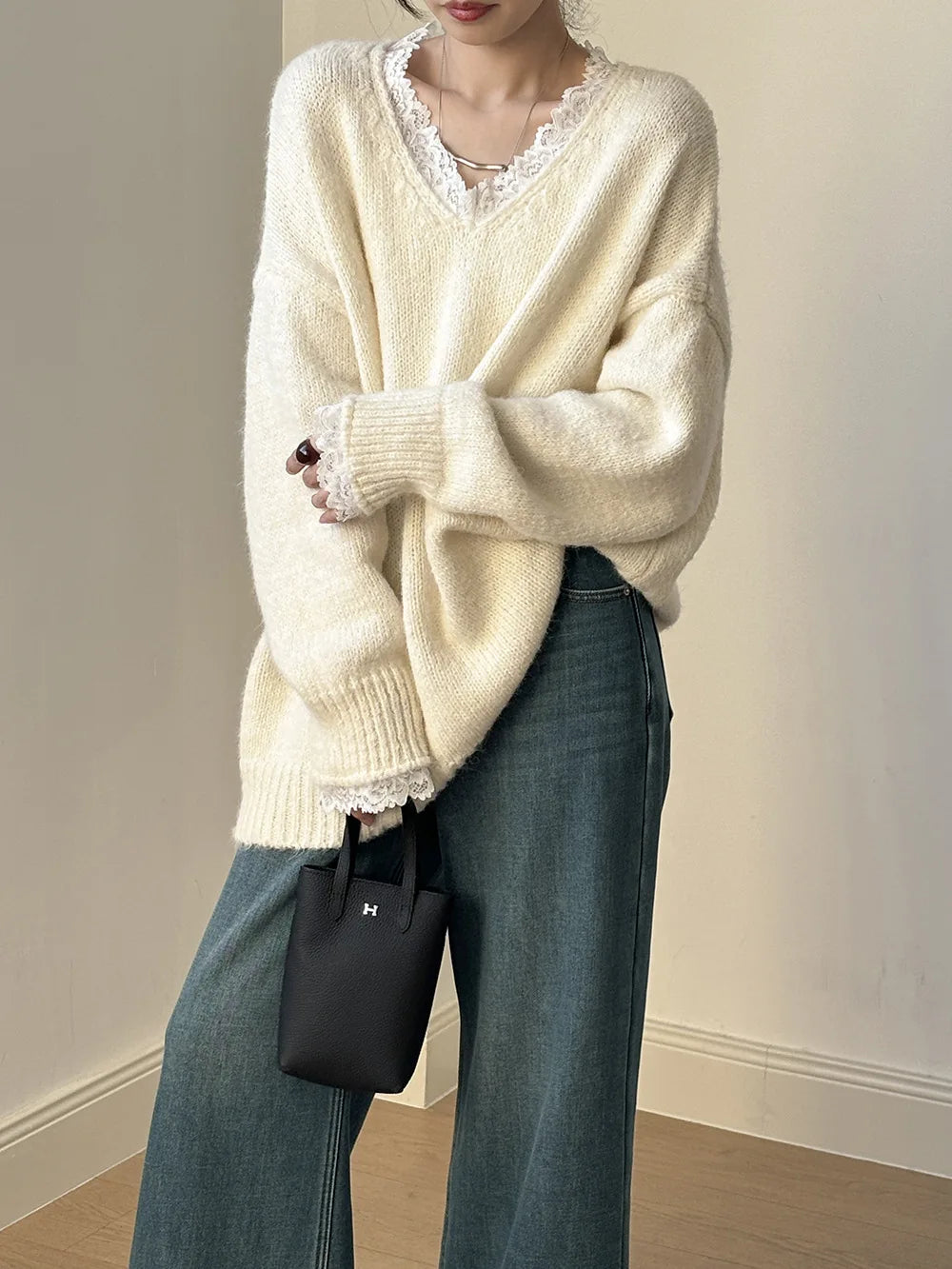 Aoaiiys Sweaters Women V Neck Lace Spliced Pullovers Vintage Chic Knitted Jumpers Autumn Winter New Comfortable Loose Sweaters