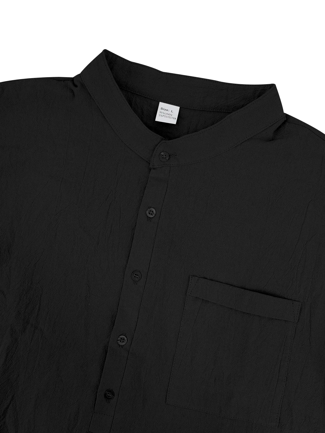 Summer Men's Linen Henry Long Sleeve T-Shirt  European and American Woven Solid Color Casual Polo Shirt