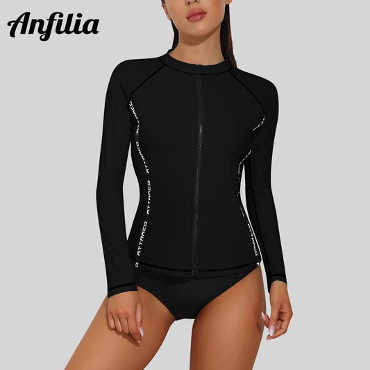 Anfilia Rash Guard for Women Long Sleeve Zipper Front Swim Shirt UPF 50 Swimming Shirt Top