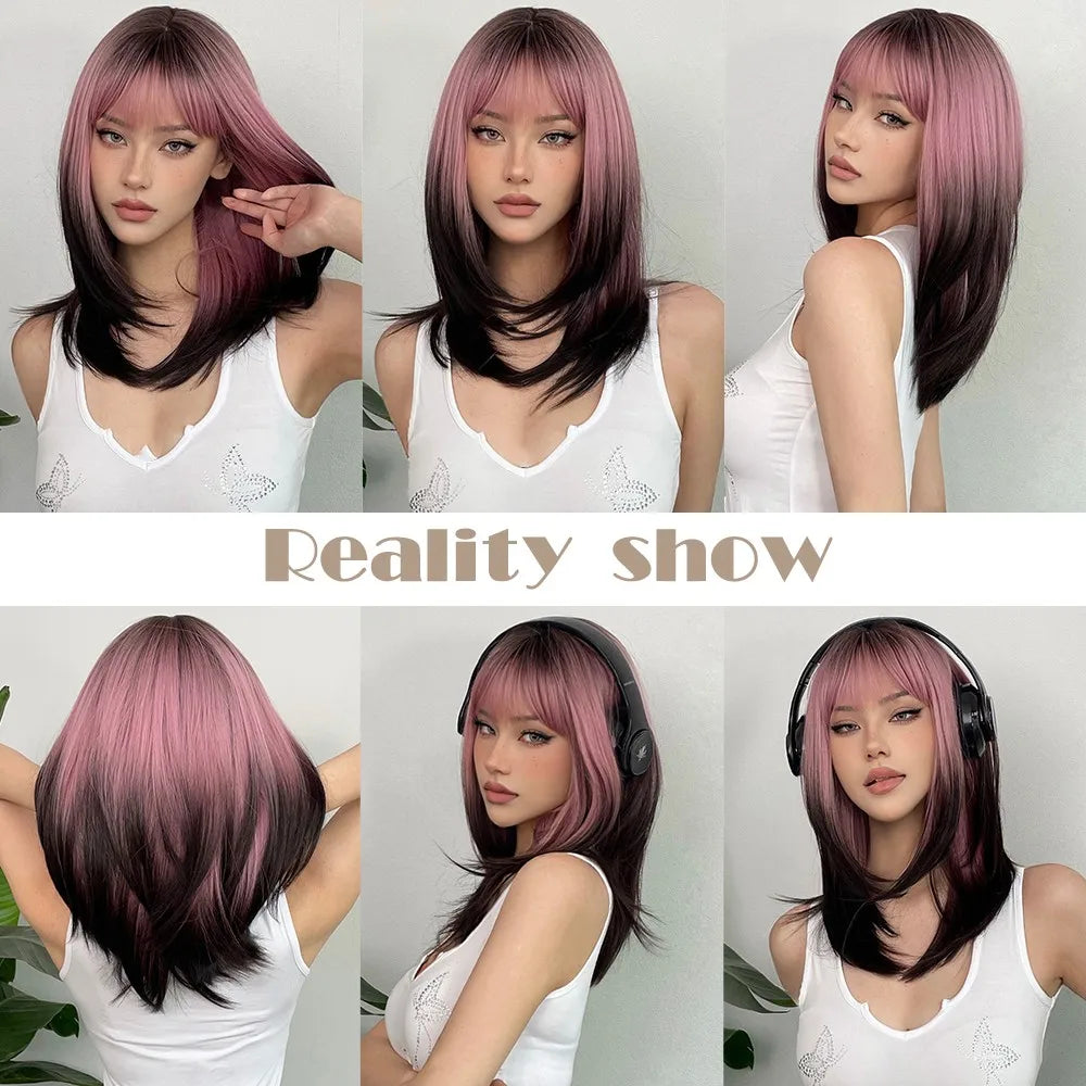 LOUIS FERRE Black Pink Ombre Synthetic Wigs for Cosplay Long Straight Layered Wigs with Bangs for Women Heat Resistant Fake Hair