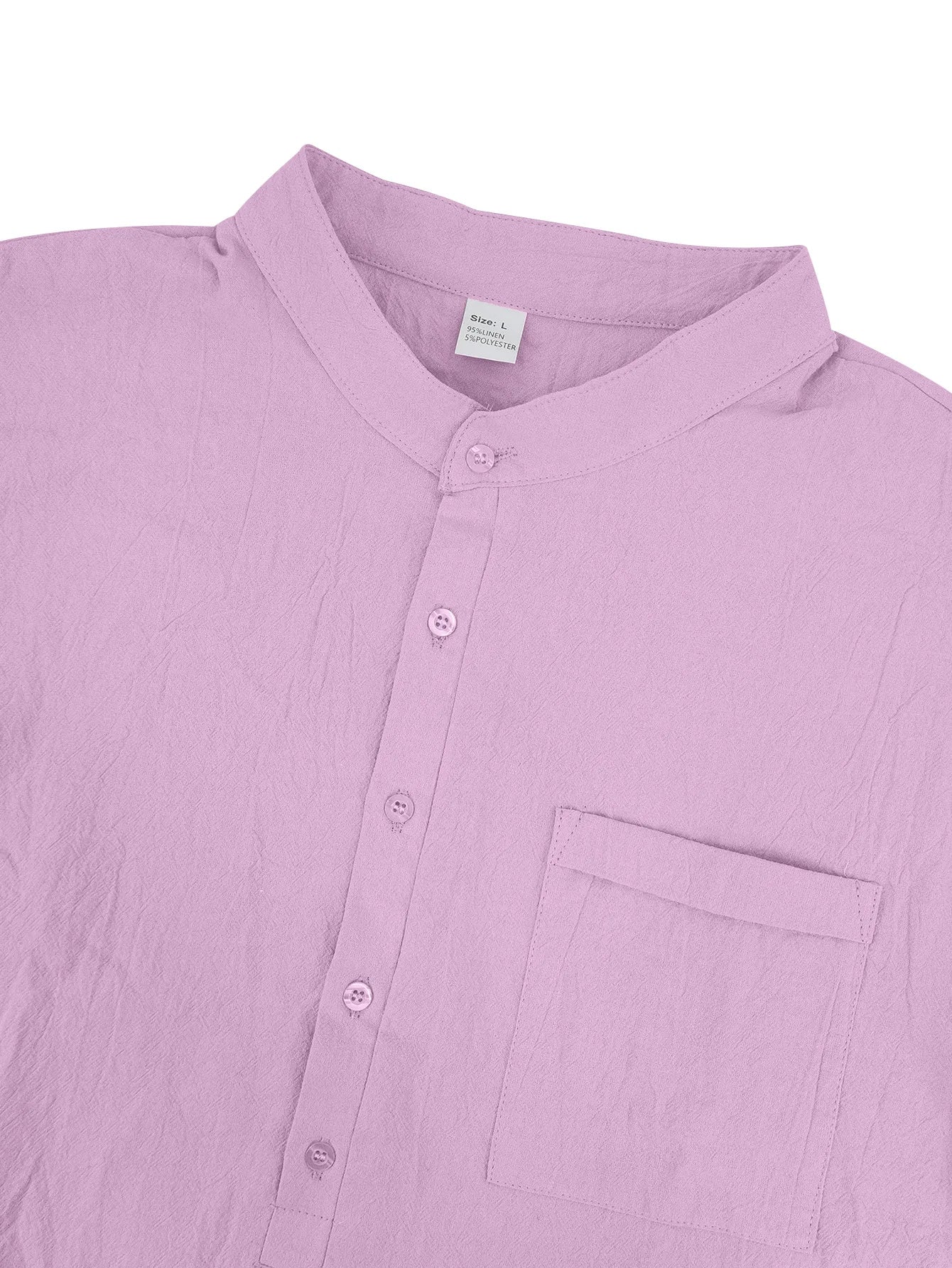 Summer Men's Linen Henry Long Sleeve T-Shirt  European and American Woven Solid Color Casual Polo Shirt