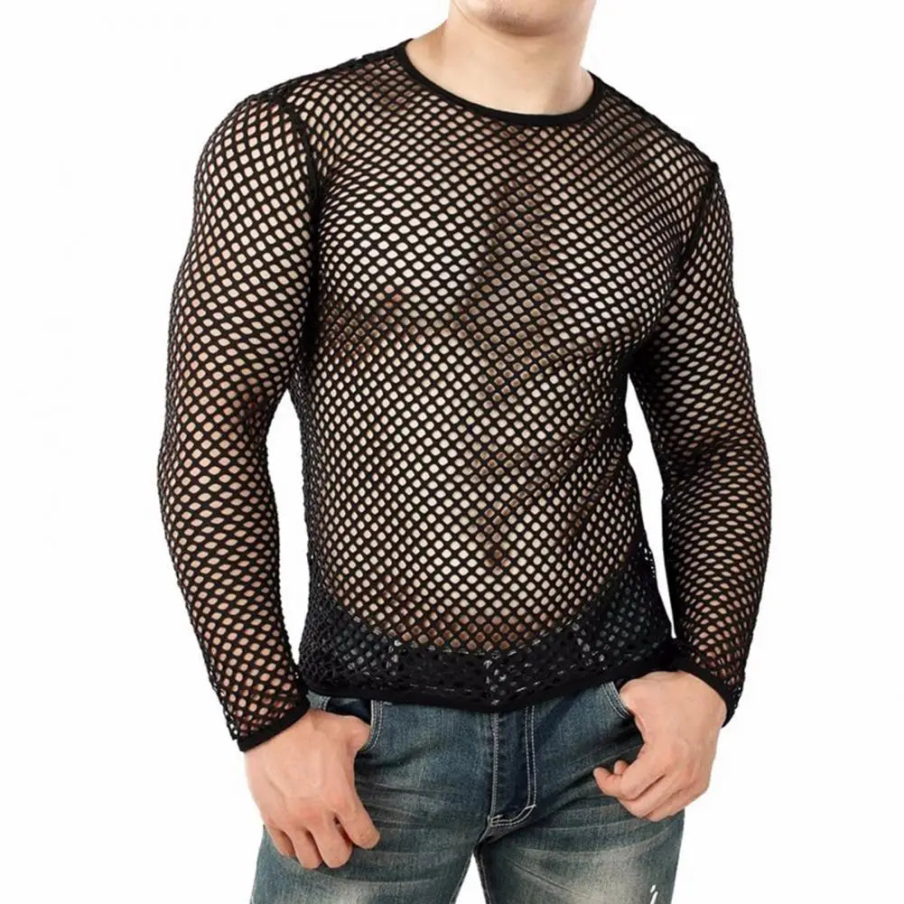 Men Club Top See-through Hollow Out Fishnet O Neck Short Sleeve Loose Thin Pullover Hip Hop Streetwear Men T-shirt