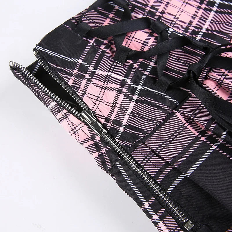 Goth Skirts Summer Y2K Woman Skirts Pink Stripe Plaid Lace Trim Pleated School Plaid Skirt Ladies Aesthetic Tie Up Jupe Femme