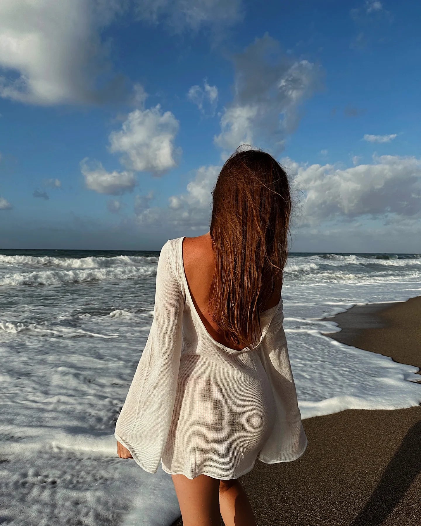 Summer Seaside Women's Solid Knit Mini Dress 2025 Sexy Backless Bell Sleeve See Through Short Dress Beach Swimsuit Cover Up K98