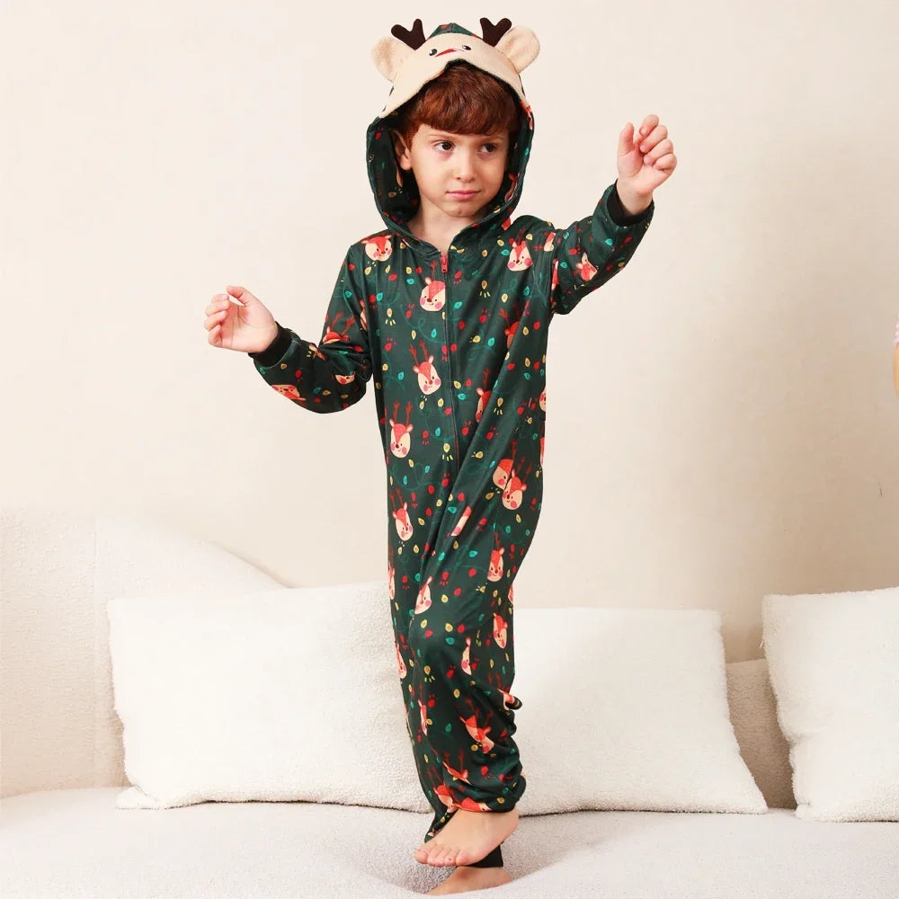 Christmas Gift Mother Father Kids Matching Outfits Cute Deer Ear Hooded Romper Overall Soft Loose One-Piece Pajamas Family Look