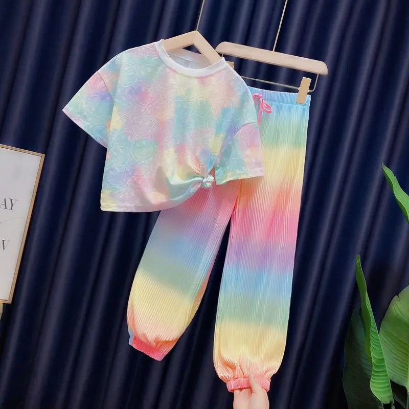 New Fashion Ice Silk Rainbow Gradient Color Loose 2pcs T-shirts+pants  Girls 2024 Summer Suits 3-12 Years Kids Tie-dyed Clothing
