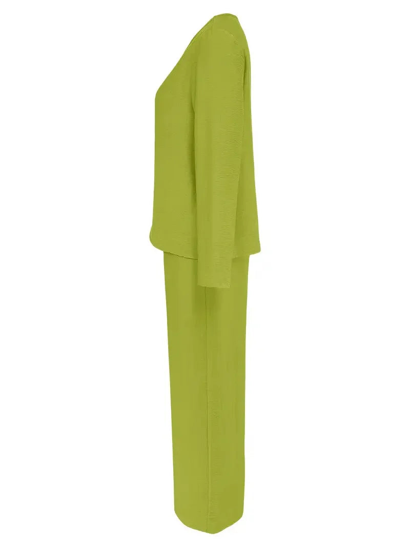 Solid Color Casual V-neck Trousers Women's 2piece Set Spring Autumn New Fashion Pocket Straight Trousers Female Office Suit 2025