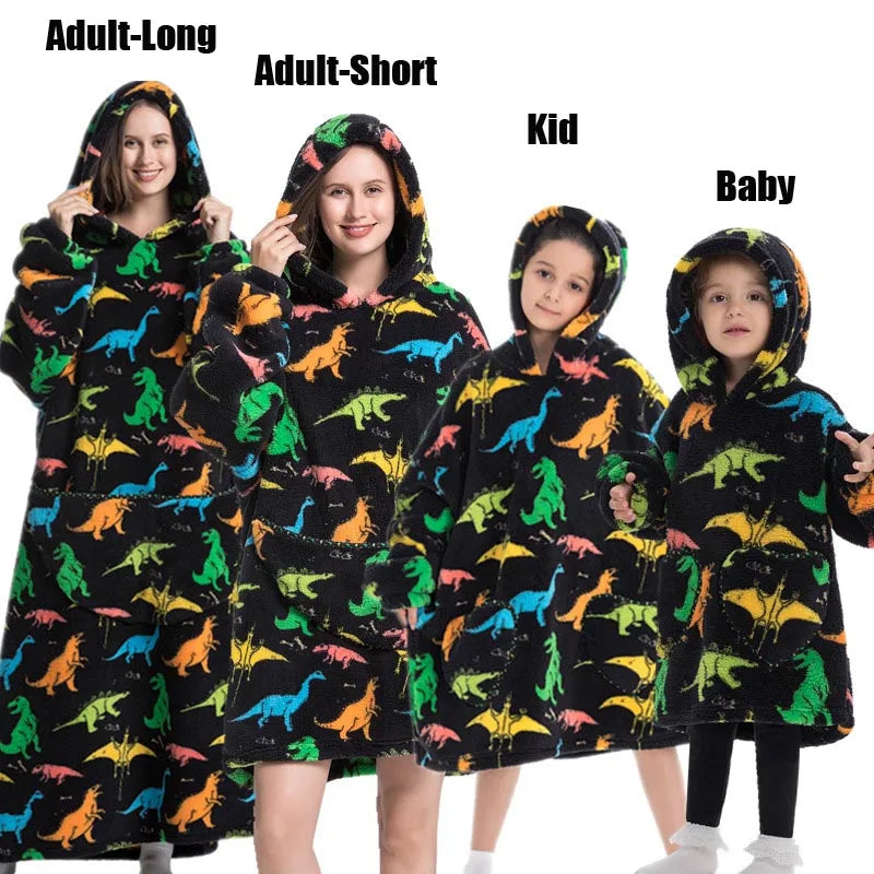 Extra Long Winter Hoodies Sherpa TV Blanket Plush Fleece Family Matching Outfits Sweatshirts Avocado Dinosaur Homewear Oversized