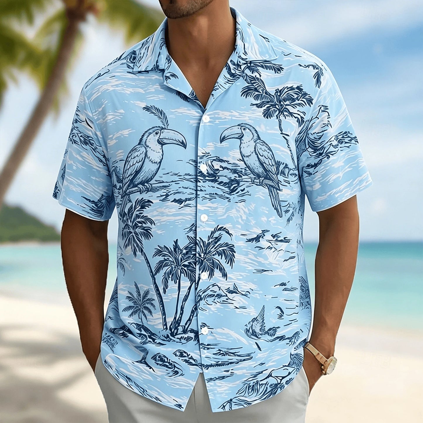 Men's Light Blue Tropical Palm Tree Print Short Sleeve Shirt, Casual Hawaiian Button Down with Ocean Design for Spring & Summer