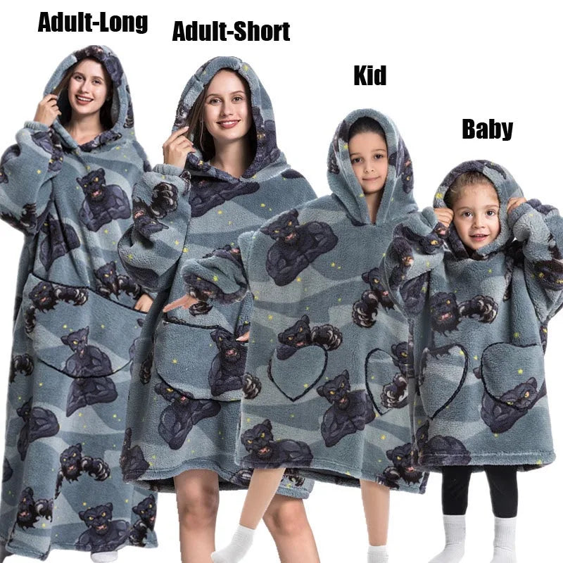 Extra Long Winter Hoodies Sherpa TV Blanket Plush Fleece Family Matching Outfits Sweatshirts Avocado Dinosaur Homewear Oversized