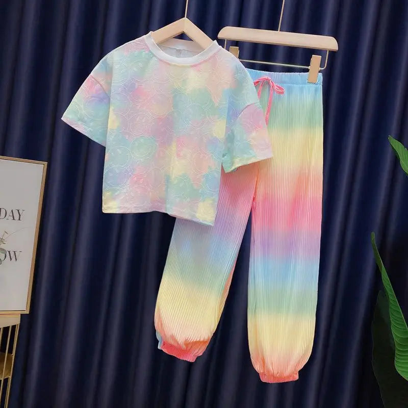 New Fashion Ice Silk Rainbow Gradient Color Loose 2pcs T-shirts+pants  Girls 2024 Summer Suits 3-12 Years Kids Tie-dyed Clothing