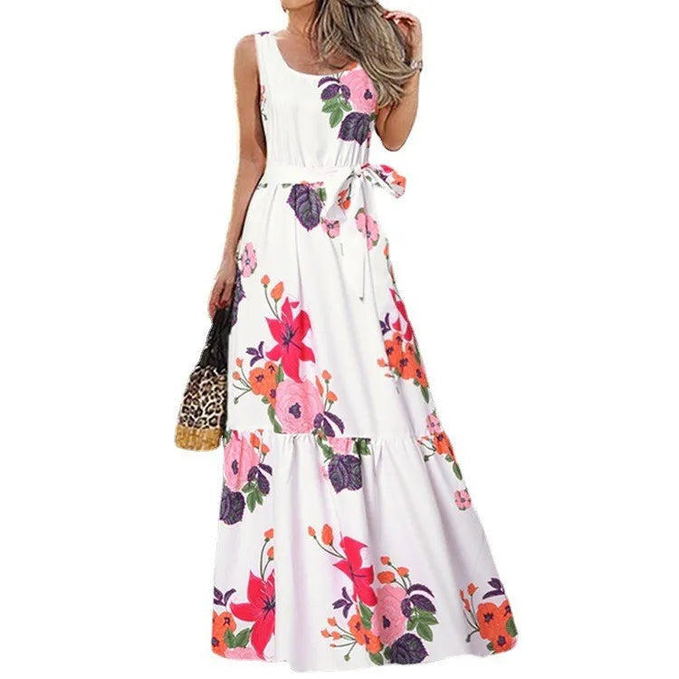 Summer Flower Print Sleeveless Long Dresses Women Elegant Casual Vacation Style Dress O Neck High Waist Leace-up Maxi Vestidos
