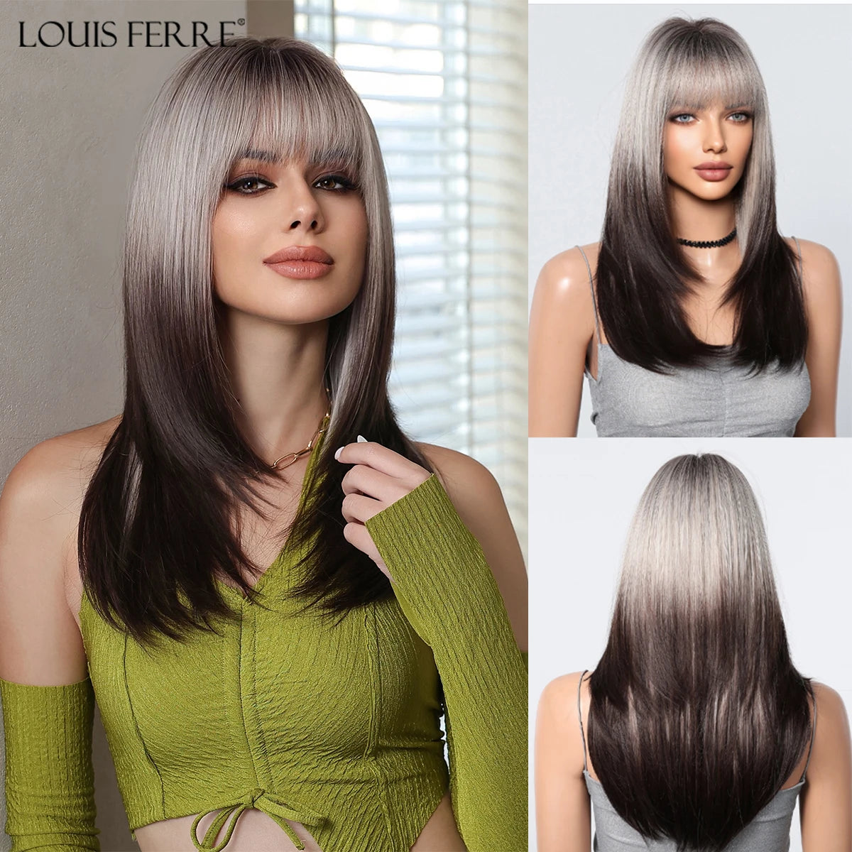 LOUIS FERRE Black Pink Ombre Synthetic Wigs for Cosplay Long Straight Layered Wigs with Bangs for Women Heat Resistant Fake Hair