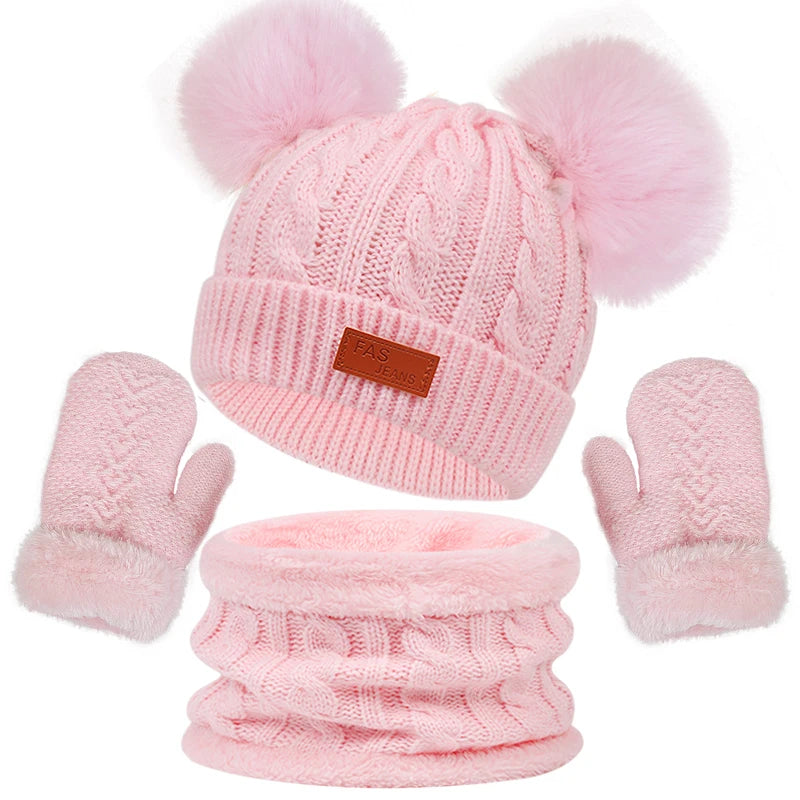 Kids Winter Hat Scarf Gloves Set Double Ball Fleece Lining Baby Hats for Boy Girl Solid Color Infant Knitting Beanie Cap 1-4Year