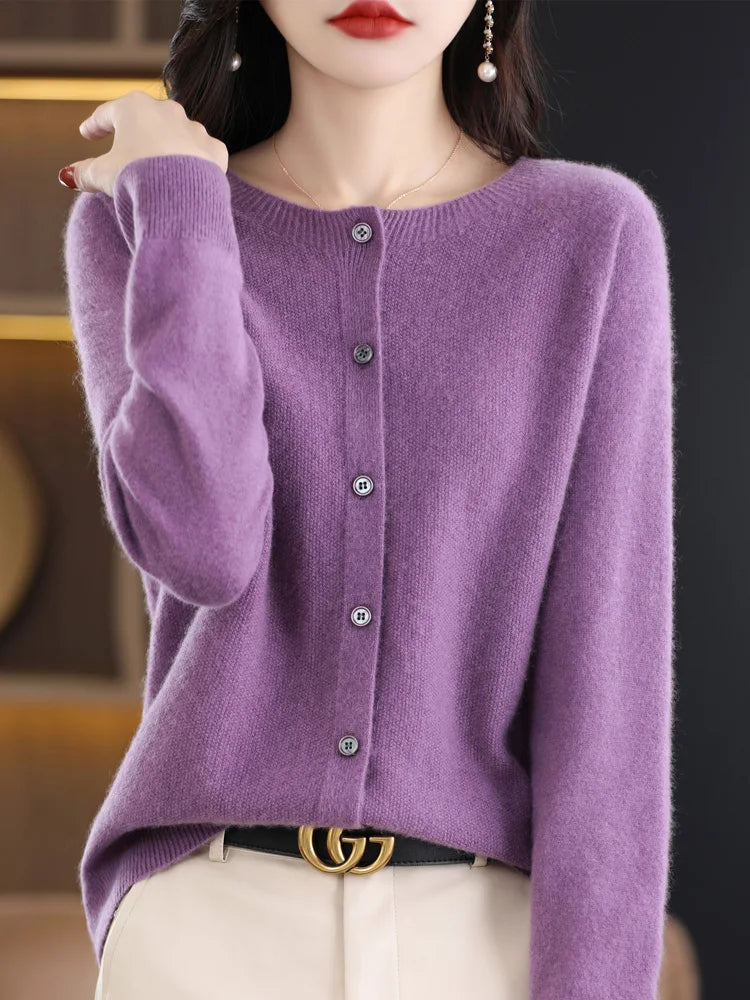 Long Sleeve 100% Merino Wool Sweaters Cashmere Cardigan Spring Autumn Women O-Neck Knitwear Tops Clothing Fashion Basic Tops
