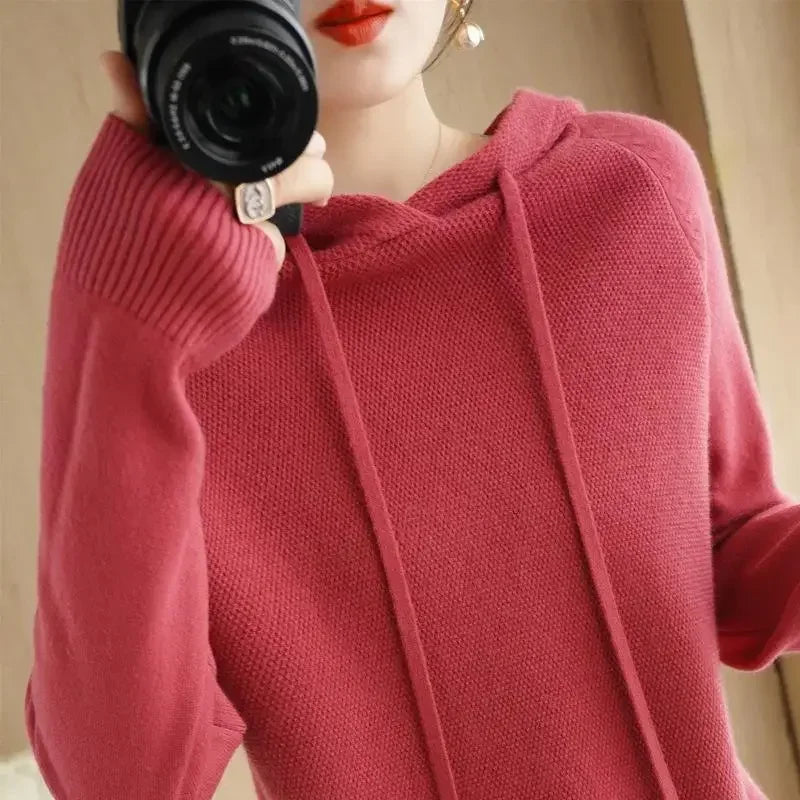 Hooded Sweater Woman Autumn Winter Long Sleeve Warm Bottoming Shirt Solid Casual Pullovers Knit Tops Korean Fashion Jumper 2025