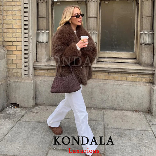 KONDALA Casual Brown Thick Fur Jackets Women Long Sleeve V Neck Autumn Winter Faux Fur Coats Fashion 2025 Streetwear Outwears