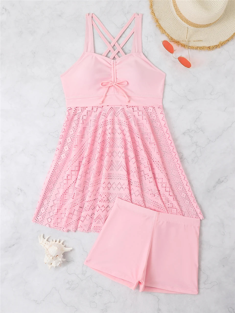 2 Pieces Front Drawstring Swimwear 2024 Women Hollow Out Swimsuit Beach Skirt Solid Tankini Female Bathers Swimming Beach Wear