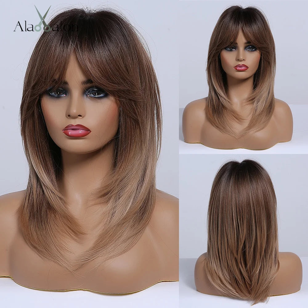 ALAN EATON Layered Synthetic Wigs with Bangs Straight Short Highlights Blonde Hair Wig with for Women Natural Daily Cosplay Wigs