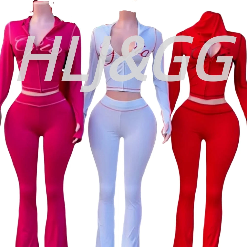 HLJ Fashion Ins Letter Print Hooded Two Piece Sets Women Zipper Long Sleeve Crop Top And Skinny Pants Outfit Y2K 2pcs Streetwear